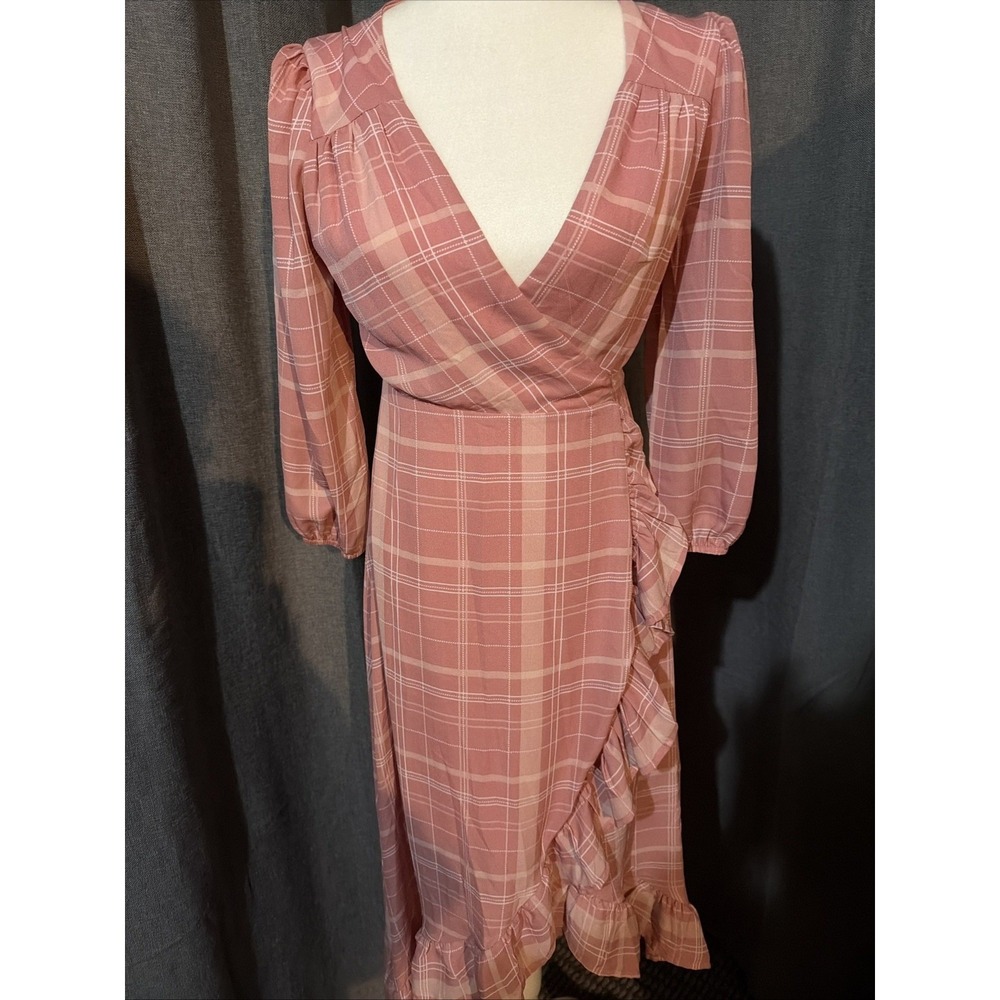 Pink Plaid Ruffle Wrap Dress V-Neck Long Sleeve DCDW1691MK Small
